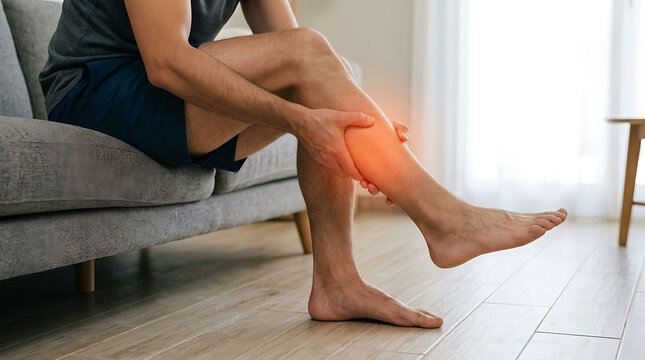 Man sitting on sofa holding his painful calf muscle experiencing a leg cramp