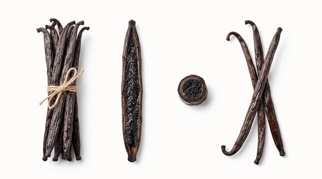 Vanilla beans bundled cut open and scattered with twine on white background during studio lighting