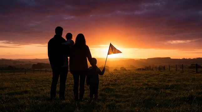 Silhouette of Family Standing Together on Hillside Watching Sunset