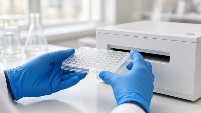 Gloved hands loading multiwell plate into reader
