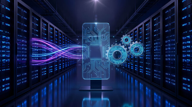 Data center server racks with glowing digital smartphone and processor chip