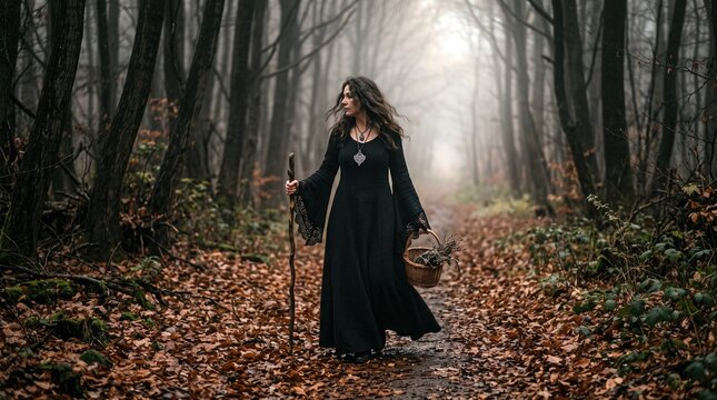 A woman walks through a forest with a staff and basket. Her black dress has lace sleeves and a pendant. Herbal gathering and woodland folklore suggest a quiet autumn tale of magic and myth.