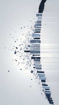 Abstract data transformation with dark geometric blocks and scattered particles forming vertical digital signal pattern on light background