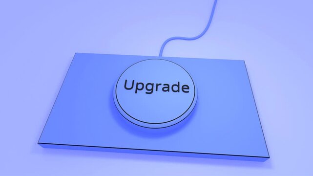 Blue 3D Upgrade Button Click Animation on Light Blue Glowing Platform