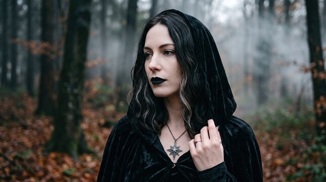 A hooded woman gazes aside in a misty autumn forest. A star pendant and dark lipstick accent her gothic style. Halloween portraiture explores mystery, alternative identity.