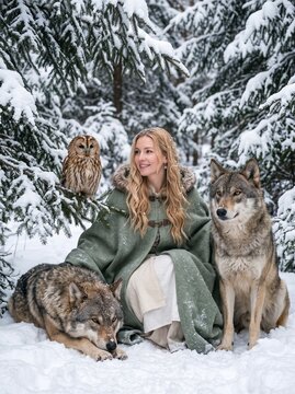 A smiling woman sits beside two wolves in a snowy evergreen forest. An owl perches on a nearby branch beside her. Winter fantasy and peaceful harmony with wildlife in an enchanted woodland.