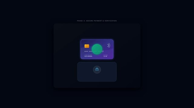 Digital Credit Card Payment Animation with Secure Verification and Receipt on Dark Background