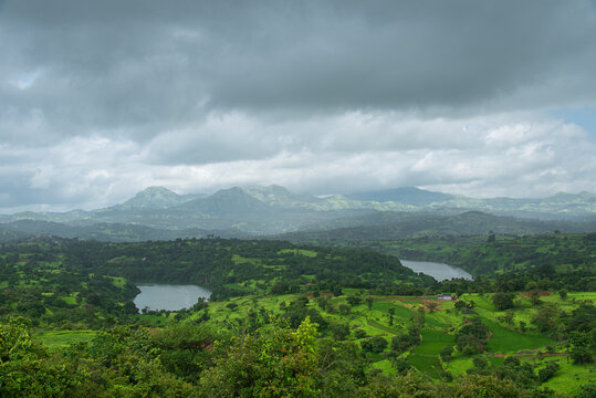Stunning landscape or waterscape, backwater of wilson dam at Bhandardara, Maharashtra, India.