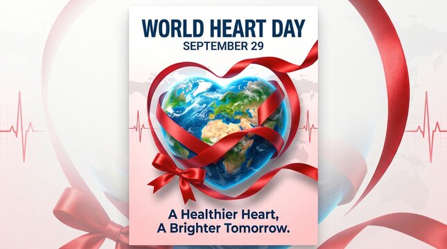 A heart-shaped Earth is wrapped in a red ribbon. A heartbeat waveform appears behind this design. World Heart Day promotes cardiovascular health awareness and prevention on September 29.