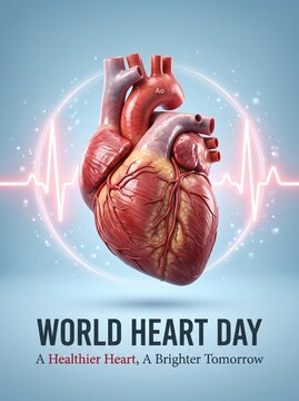 A detailed human heart illustration floats above an electrocardiogram line. The aorta and pulmonary artery are visibly labeled. World Heart Day promotes cardiovascular health and prevention.