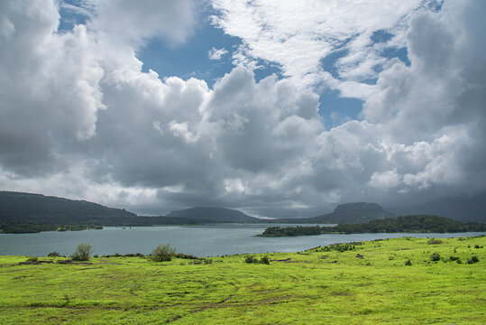 Stunning landscape or waterscape, backwater of wilson dam at Bhandardara, Maharashtra, India.