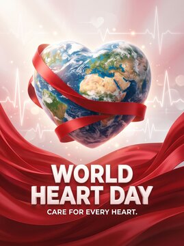 A heart-shaped Earth floats above a red ribbon. A white electrocardiogram traces the pink background. World Heart Day promotes global cardiovascular health awareness and care worldwide.