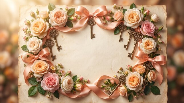 Vintage Parchment Paper Background with Romantic Rose Frame Silk Ribbons and Antique Keys
