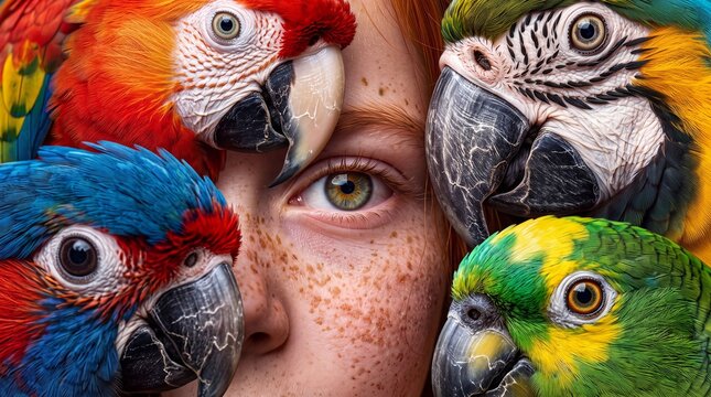 Freckled Girl Peeking Through a Crowd of Colorful Macaws