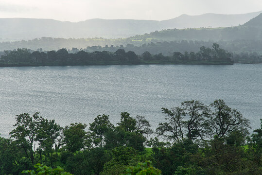 Stunning landscape or waterscape, backwater of wilson dam at Bhandardara, Maharashtra, India.