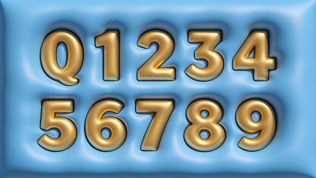 3D inflated golden foil letter Q and numerals 0 to 9, balloon typography on blue padded background for decorative graphic design
