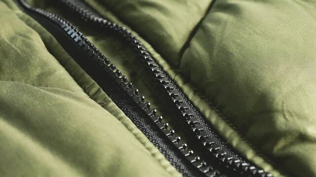 A close-up of a black zipper on an olive green puffer jacket reveals plastic teeth, a slider, quilted seasonal clothing, warm autumn or winter outerwear fabric texture, and sportswear design.