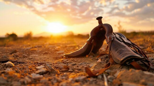Vintage Leather Holster and Gun Resting on Desert Floor at Golden Hour with Warm Sunlight and Dramatic Clouds in Background