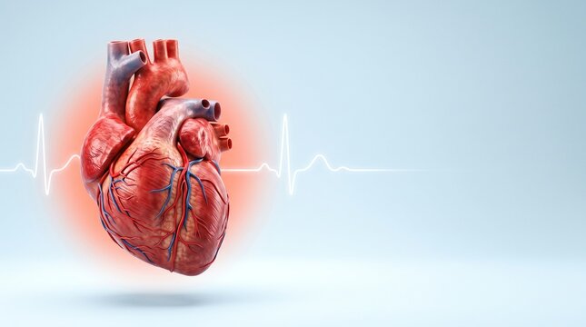 A human heart floats beside an ECG line. Its vessels and chambers reveal cardiovascular anatomy. Cardiology education and heart health support modern medical communication.