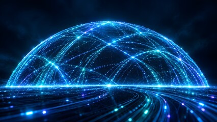 Fototapeta premium Illuminated geodesic dome with converging light streams represents futuristic network technology