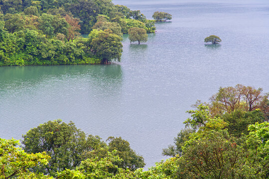 Stunning landscape or waterscape, backwater of wilson dam at Bhandardara, Maharashtra, India.