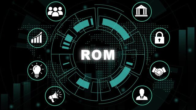 Digital rom read only memory technology concept featuring futuristic hud interface with data processing and cyber security network for advanced computing and information storage systems