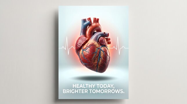 An anatomical human heart floats above a shadow. Detailed vessels and arteries surround the organ beside a white ECG line. The poster promotes cardiovascular health and prevention.