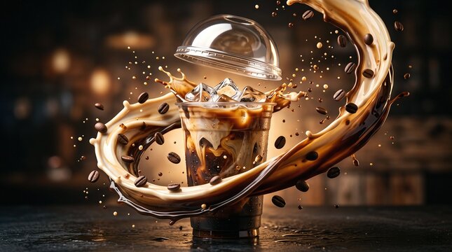 An iced coffee fills a clear cup as coffee and cream splash around it. A clear dome lid hovers above the drink. Creative beverage advertising captures a moment of caf&eacute; indulgence.