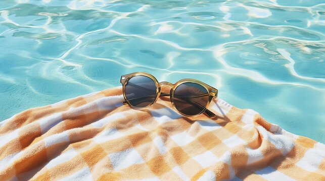 Sun glasses rest gently upon a vibrant towel beside shimmering water, conveying summer relaxation and tranquil leisure