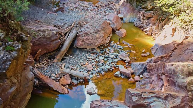 Rocky gorge and amber stream pools flank the forested Ouray Perimeter Trail near Baby Bathtubs in Colorado