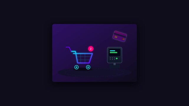 Digital Shopping Cart Checkout Animation Showing Online Payment Process with Credit Card Transaction