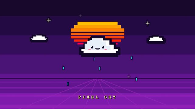 Cute smiling pixel cloud floating over retro synthwave grid landscape