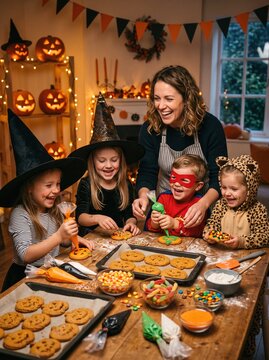 A mother and four children decorate cookies. The children wear Halloween costumes beside frosting and candy. Family baking brings laughter and shared holiday togetherness.