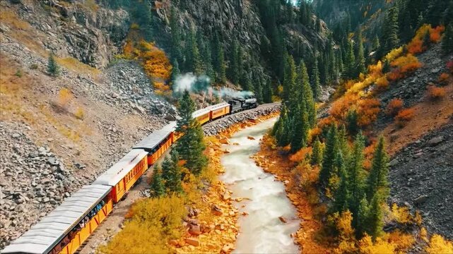 Aerial view of a vintage steam locomotive passenger train traveling through a narrow mountain canyon alongsid with autumn foliage