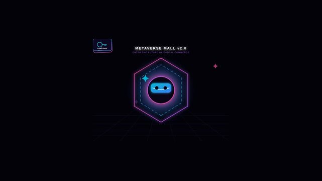 Futuristic Metaverse Mall Interface with Neon Digital Avatar and Cyberpunk Geometric Graphic Elements