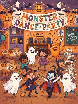 Children dance at a Halloween party with friendly monsters and ghosts. A monster dance party banner hangs above jack o lantern decorations. Joyful costume fun brings music and celebration.