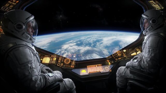 Astronauts Seated in Spacecraft Cockpit Overlooking Earth From Space with Holographic Interfaces Cinematic View