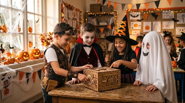 Children examine a wooden puzzle box at a Halloween party. The witch wears a tall striped hat beside a vampire and a ghost. Festive play encourages teamwork and imagination.