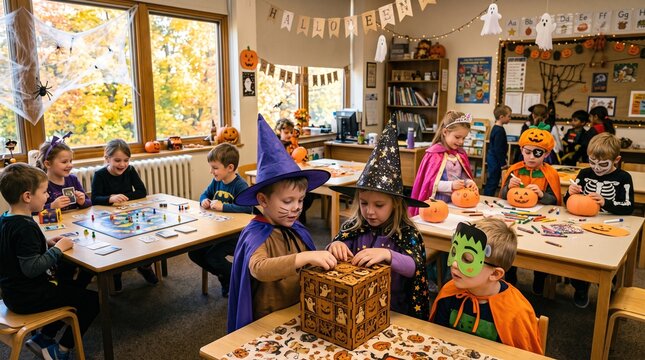 Children play a Halloween game in a classroom. A child in a witch hat shares it with a costumed friend. A festive school celebration builds teamwork and creative learning.