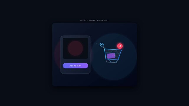 Minimalist UI animation showing a product item being added to a digital shopping cart interface