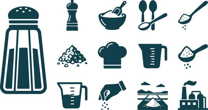Set of salt and cooking icons, including salt shaker, measuring cup, chef hat, spoons, and production factory, vector illustration