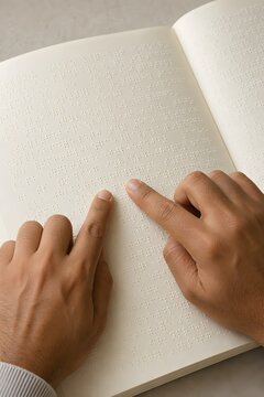 Fingers reading braille on a blank paper page representing learning and accessibility