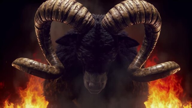 Black Ram with Massive Horns Roaring Fiercely Against Fiery Background in Cinematic Close-up Shot