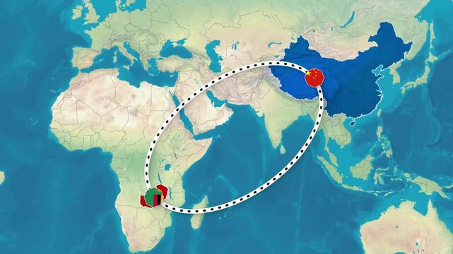 Animated global route connecting Zambia and China for international relations footage