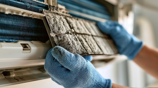 Maintenance worker holds a dirty air conditioner filter, showing dust accumulation, requiring cleaning for optimal operation