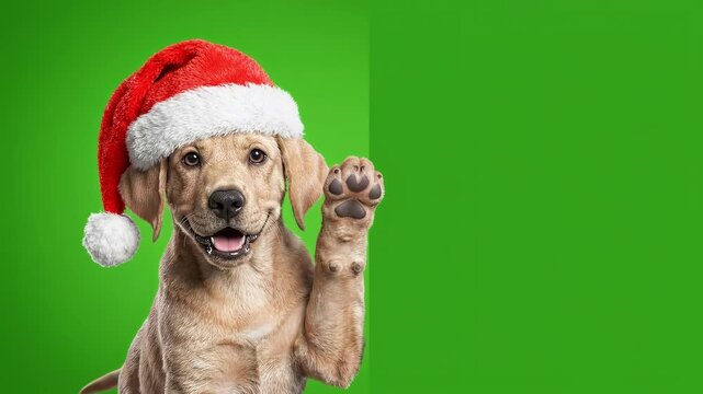 Christmas Dog Banner template, Realistic Puppy Wearing Santa Claus Hat Waving Paw Behind Blank Green Panel with Copy Space for Christmas Greeting Card