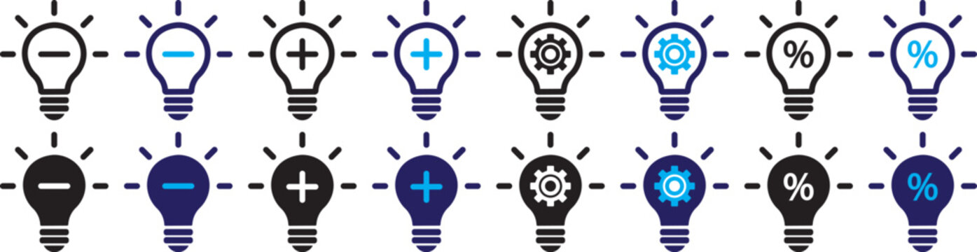 Lightbulb icon set with math. collection for technology business. plus minus and percentage symbols. settings gear icons