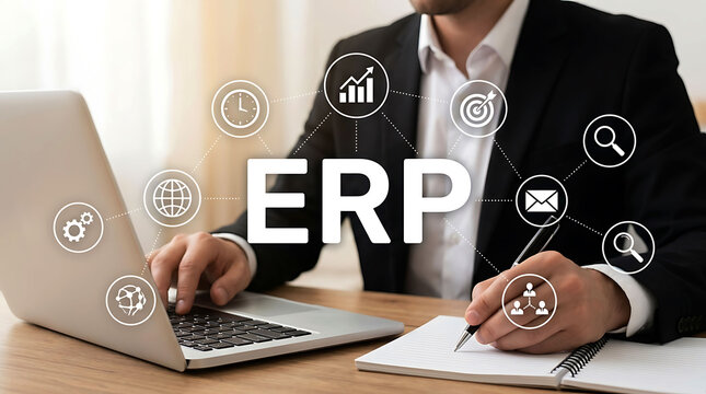 Businessman using laptop with ERP software network icons and business strategy