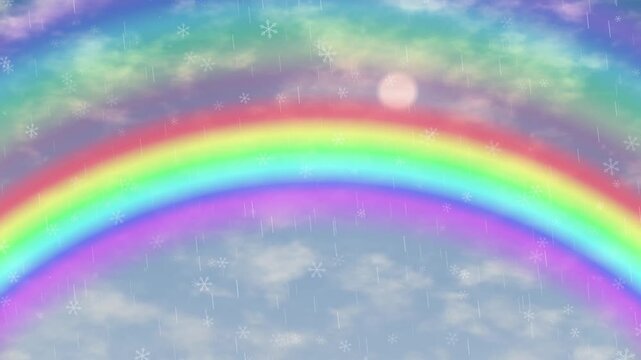 Vibrant Rainbow Arching Over Cloudy Sky with Gentle Rain Animation