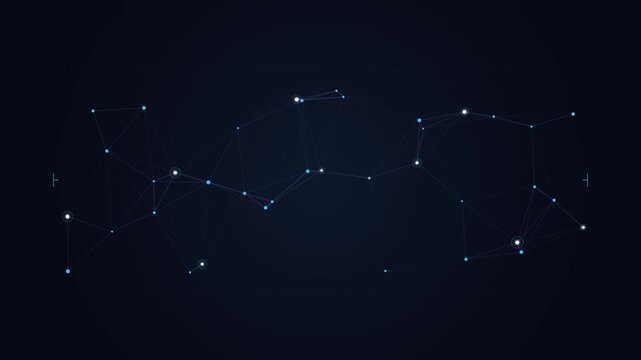 Abstract digital network structure with glowing white dots and connecting lines forming geometric patterns against a dark blue background